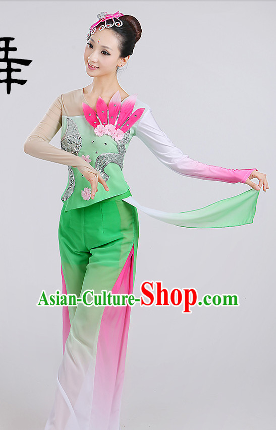 Chinese Wholesale Clothing Fan Dancing Costumes Dancewear Dance Clothes and Headpieces Complete Set for Women