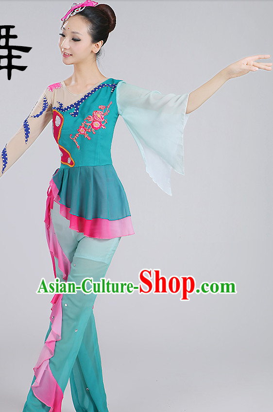 Chinese Classic Fan Dance Costumes and Headpieces Complete Set for Woen