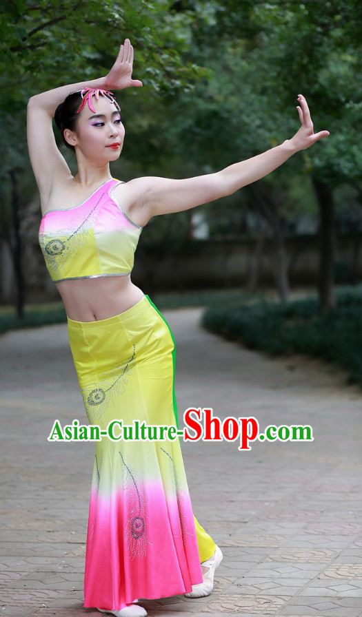 Pink Chinese Custom Made Folk Dai Ethnic Dance Costume and Headpieces Complete Set for Women