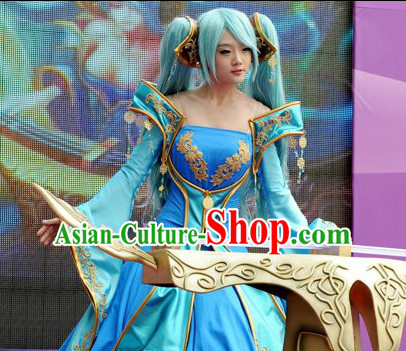 Ancient Chinese Fairy Blue Halloween Costumes and Hair Accessories