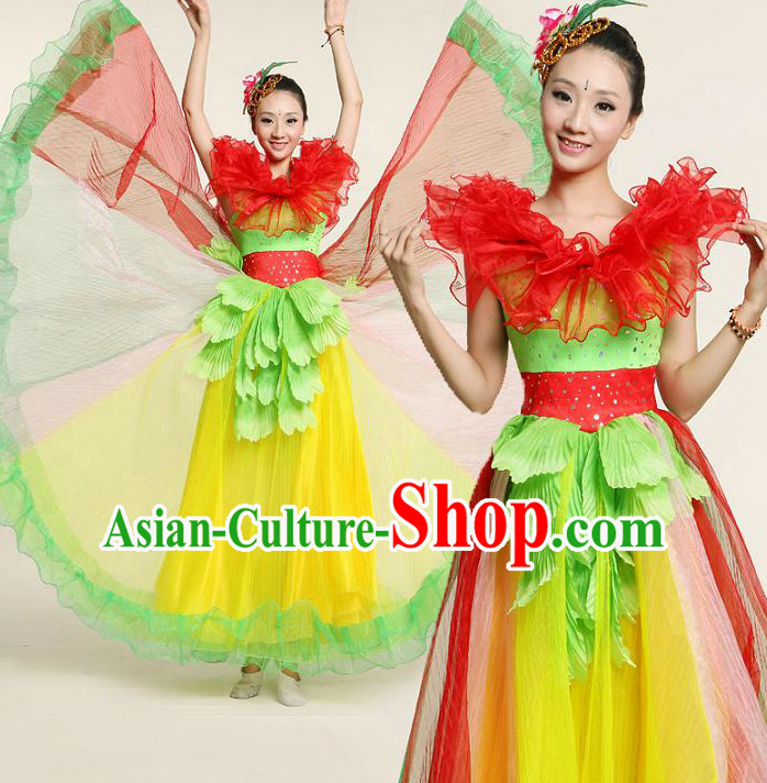 Chinese Dance Costume Competition Costumes Dancewear China Dress Dance Wear and Headpieces Complete Set