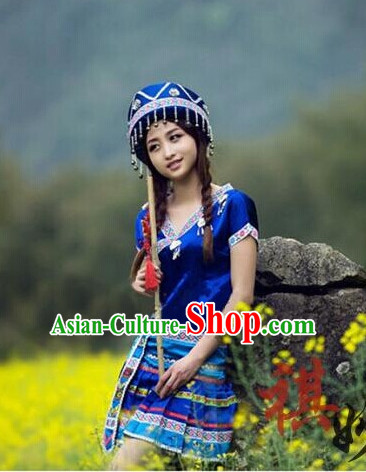 Chinese Folk Ethnic Clothes and Hat Complete Set