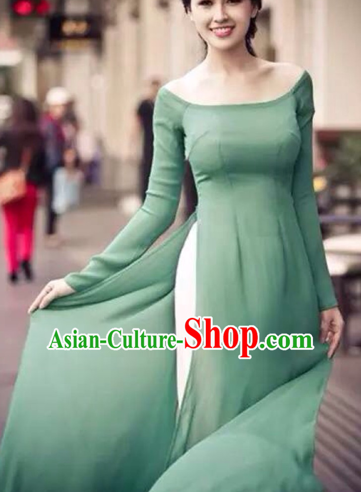 Low Collar Light Green Ao Dai Cuoi Clothing for Women