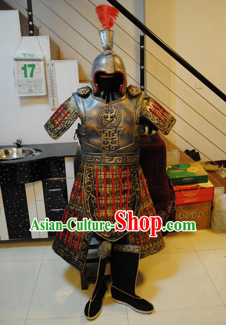 Ancient China Superhero Armor Outfits and Hat Complete Set for Men