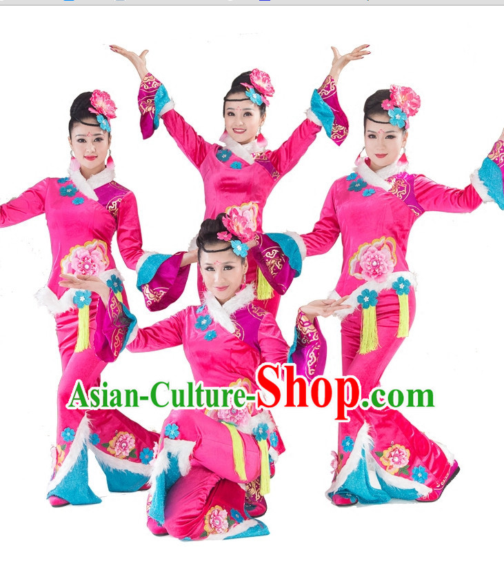 Pink Traditional Chinese Spring Festival Dance Costumes and Headwear Complete Set for Women