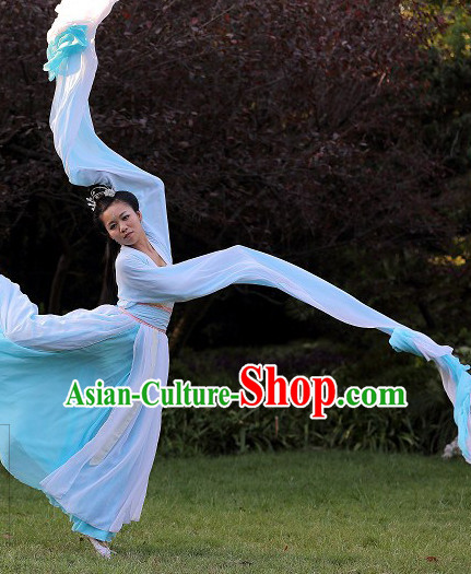 Long Water Sleeve Chinese Dance Costumes and Headwear Complete Set for Women