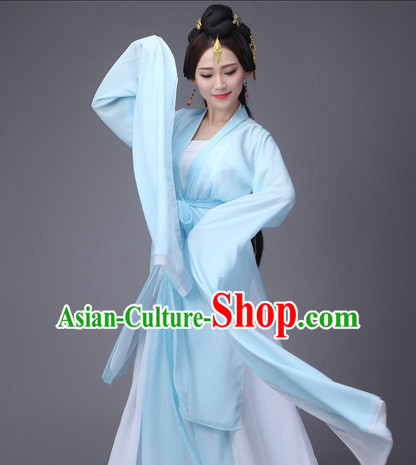 Light Blue Ancient Chinese Long Sleeves Dance Costumes Complete Set for Women