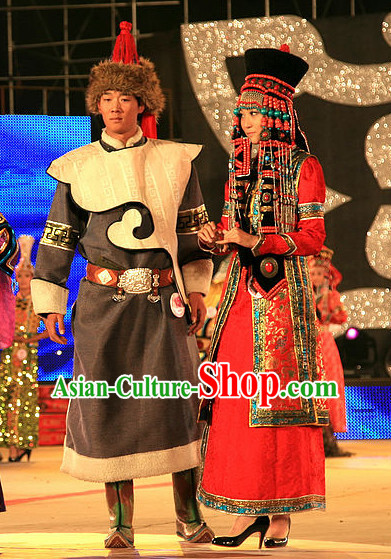 Mongolian Prince and Princess Clothing and Hats 2 Complete Sets for Men and Women