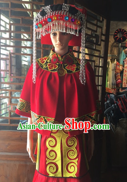 Chinese Folk Ethnic Traditional Dress Garment and Hat Complete Set for Women