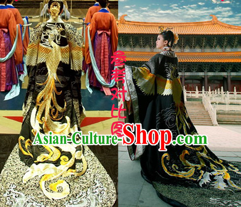Asian Ancient Tang Dynasty Female Emperor Long Trail Embroidered Phoenix Dresses