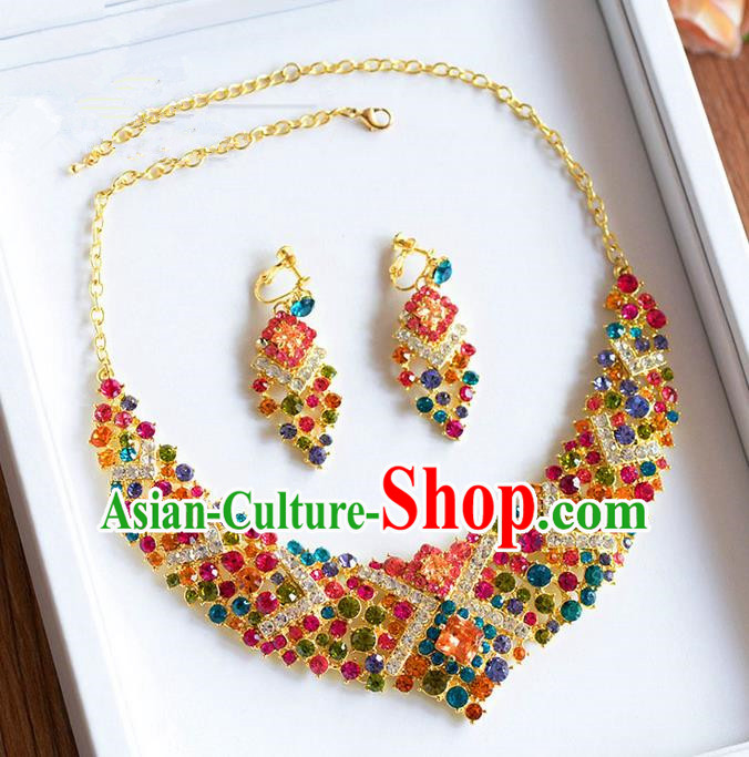 Traditional Jewelry Accessories, Palace Princess Wedding Accessories, Baroco Style Colorful Crystal Earrings and Necklace Set for Women