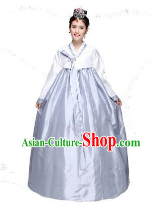 Korean Traditional Costumes Bride Dress Wedding Clothes Korean Full Dress Formal Attire Ceremonial Dress Court Stage Dancing Silver White