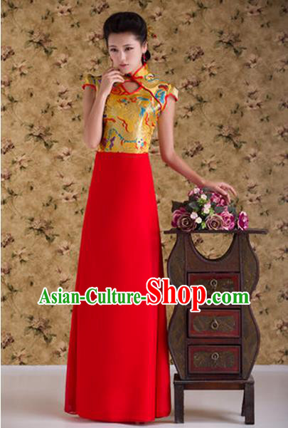 Ancient Chinese Costumes, Manchu Clothing, Hotel Etiquette Improved Dragon Cheongsam, Traditional Red Cheongsam Wedding Toast Dress for Bride