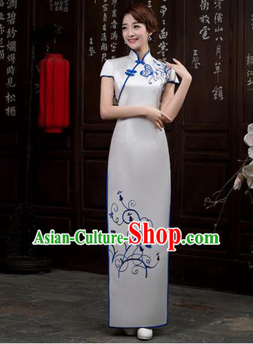 Ancient Chinese Costumes, Manchu Clothing Qipao, Retro Long Silk Mandarin Collar Embroidered Cheongsam, Traditional Cheongsam Wedding Toast Dress for Bride