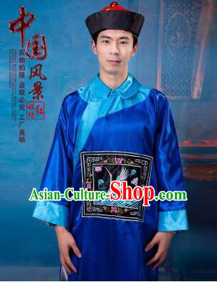 Qing Dynasty Men Costume Official Clothes Imperial Palace Royal Family Member Chieftain Clothing and Hat Blue