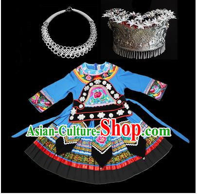Traditional Chinese Miao Nationality Dancing Costume Accessories Set, Children Folk Dance Ethnic Cloth and Headwear, Chinese Tujia Minority Nationality Costume and Hat for Kids