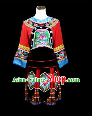 Traditional Chinese Miao Nationality Dancing Costume, Female Folk Dance Ethnic Pleated Skirt, Chinese Minority Nationality Embroidery Costume for Women