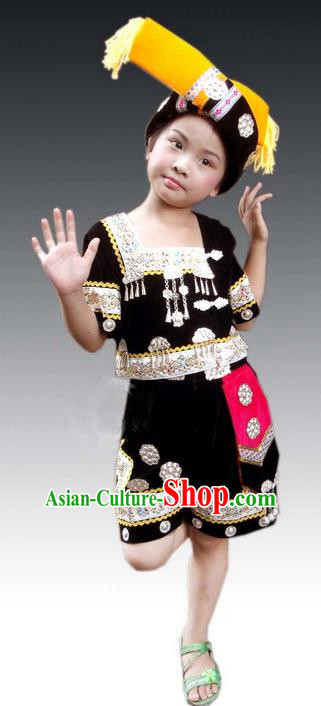 Traditional Chinese Miao Nationality Dancing Costume, Hmong Children Folk Dance Ethnic Dress, Chinese Minority Tujia Nationality Embroidery Costume for Kids