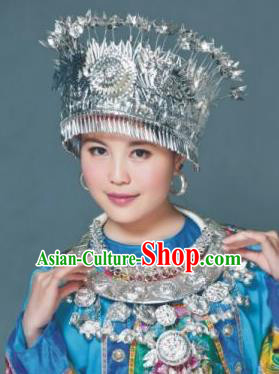 Traditional Chinese Miao Nationality Necklace, Hmong Folk Wedding Phoenix Silver Headwear, Chinese Minority Nationality Crown Jewelry Accessories Set for Women