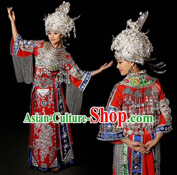 Traditional Chinese Miao Nationality Dancing Costume Accessories Necklace, Silver Phoenix Headwear, Hmong Female Folk Dance Ethnic Pleated Skirt and Headwear, Chinese Minority Nationality Embroidery Costume and Hat for Women