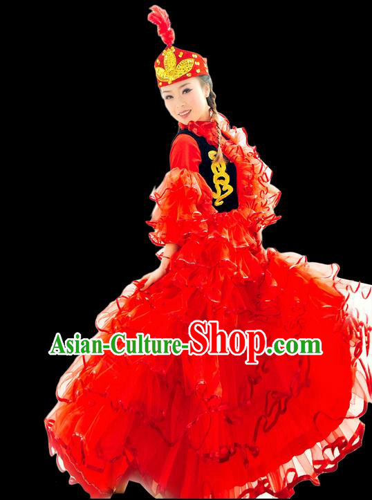 Traditional Chinese Khalkhas Nationality Dancing Costume, Kirkiz Female Folk Dance Ethnic Pleated Skirt, Chinese Minority Khalkhas Nationality Embroidery Costume for Women