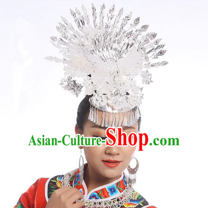 Traditional Chinese Miao Nationality Wedding Accessories Peacock Crown, Hmong Female Wedding Ethnic Silver Phoenix Headwear, Chinese Minority Nationality Hat for Women