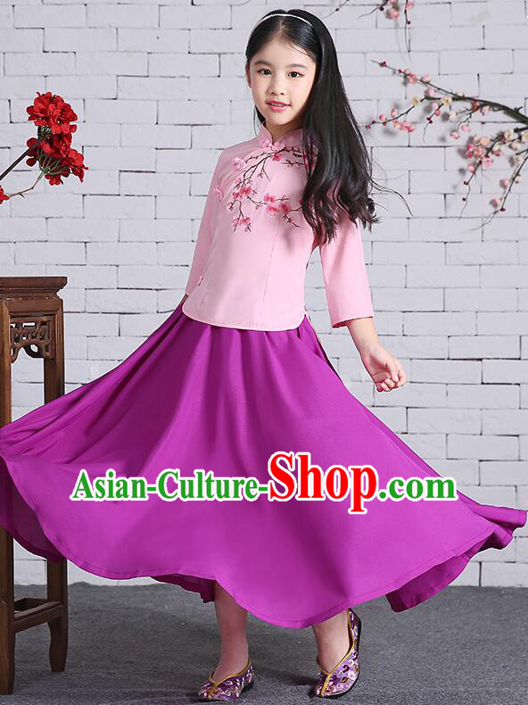 Chinese Traditional Dress for Girls Long Sleeves Kid Children Min Guo Clothes Ancient Chinese Costume Stage Show Pink Top Purple Skirt
