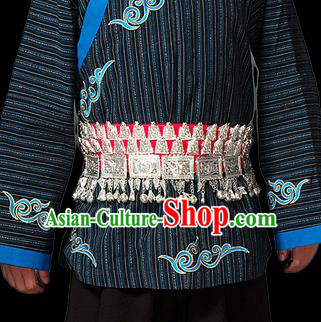 Traditional Chinese Miao Nationality Sliver Jewelry Accessories Belts, Tujiazu Ethnic Accessories, Chinese Minority Tujia Nationality Embroidery Bells Waistband for Men