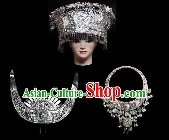 Traditional Chinese Miao Nationality Sliver Jewelry Accessories Necklace, Tujiazu Ethnic Accessories Headwear, Chinese Minority Tujia Nationality Hat Crown Set for Women