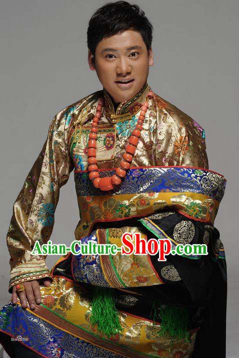 Traditional Chinese Zang Nationality Dancing Costume, Tibetan Male Folk Dance Ethnic Dress, Chinese Minority Tibetan Nationality Embroidery Costume for Men