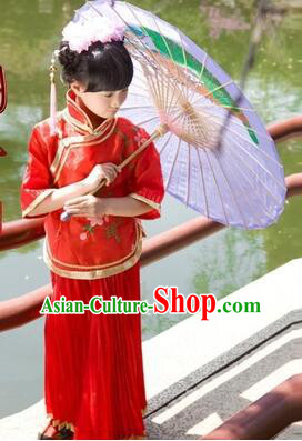 Min Guo Girl Dress Traditional Chinese Clothes Ancient Costume Tang Suit Children Kid Show Stage Wearing Dancing Red