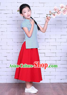 Girl Dress Min Guo Fan Fu Style Chinese Traditional Stage Costume Show Clothes Short Sleeves Blue Top Red Skirt