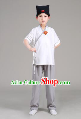 Han Fu For Children Chinese Traditional Dress Short Sleeves Stage Show Ceremonial Costumes White Top Gray Pants