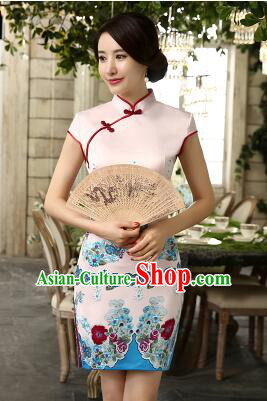 One Piece Dress Qi Pao Cheongsam Styel Short Sleeves Chinese Traditional Clothes Summer