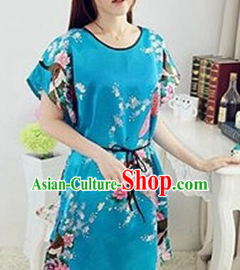 Night Suit for Women Night Gown Bedgown Leisure Wear Home Clothes Chinese Traditional Style Peacock Light Blue