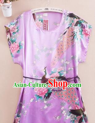Night Suit for Women Night Gown Bedgown Leisure Wear Home Clothes Chinese Traditional Style Peacock Light Purple