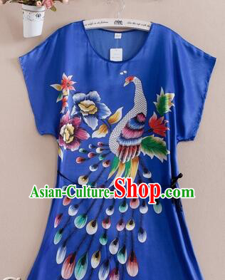 Night Suit for Women Night Gown Bedgown Leisure Wear Home Clothes Chinese Traditional Style Large Peacock Blue