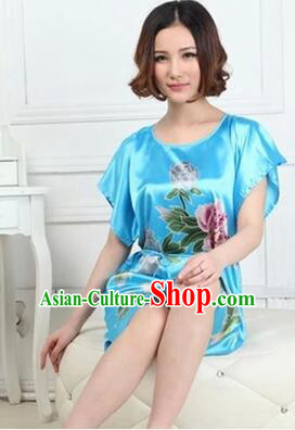 Night Gown Women Sexy Skirt Night Suit Nighty Bedgown Peony Light Blue