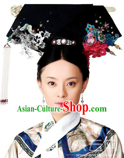 Acient Chinese Headwear, Traditional Qing Dynasty Hat, Legend Of Zhen Huan Headdress Suit, Large Heads Of La Fin Flag Plus Accessories Empress Tire Costume, Studio Props Cast Performance For Women