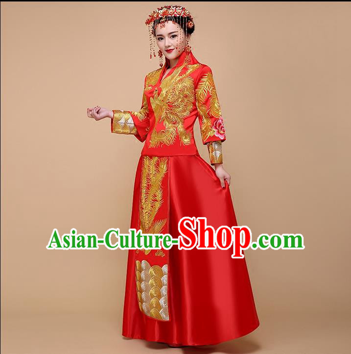 Ancient Chinese Costume, Xiuhe Suits Chinese Style Wedding Dress, Red Ancient Women Long Dragon And Phoenix Flown, Bride Toast Cheongsam