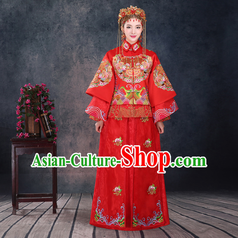 Ancient Chinese Costume, Xiuhe Suits, Chinese Style Wedding Dress, Red Restoring Ancient Women Longfeng Dragon And Phoenix Flown, Bride Toast Cheongsam