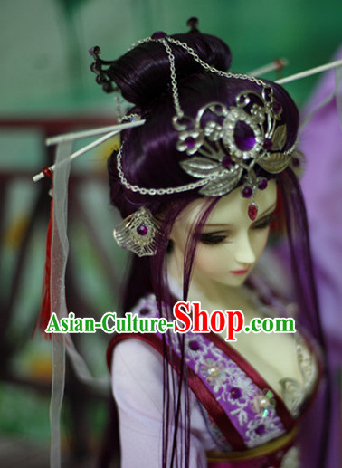 Ancient Chinese Black Long Wigs and Hair Jewelry for Women
