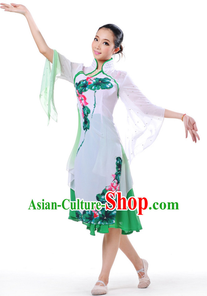 Chinese Classical Fan Group Dance Costume and Headdress Complete Set for Women