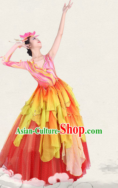 Chinese Traditional Classical Opening Ceremony Dance Costumes Dancewear and Headpieces Complete Set for Women