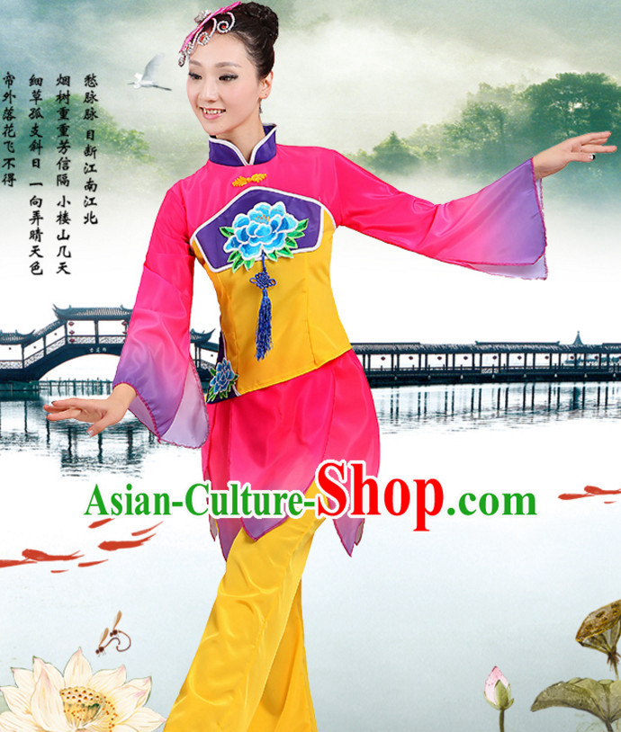 Chinese Traditional Fan Team Dancing Costumes and Headpieces Complete Set for Women