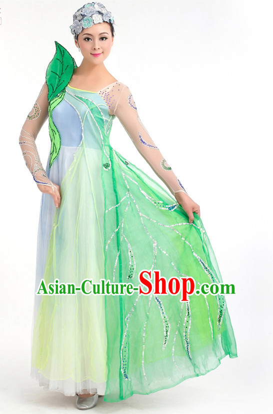 Traditional Chinese Green Leaf Spring Dance Costumes Custom Dance Costume Folk Dance Chinese Dress Cultural Dances and Headdress Complete Set
