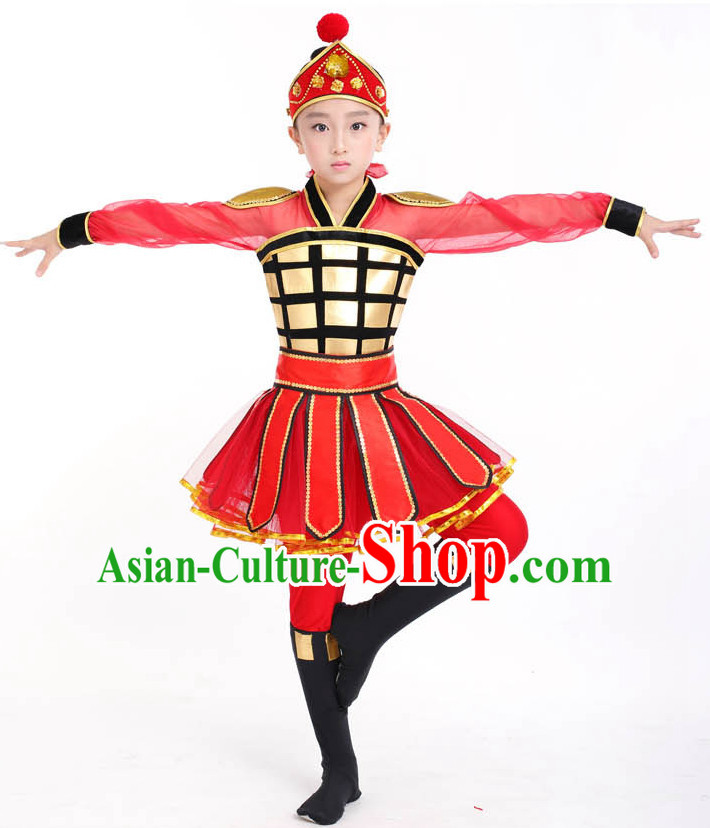 Chinese Competition Dance Costumes Kids Terra Cotta Warrior Solider General Dance Costumes Folk Dances Ethnic Dance Fan Dance Dancing Dancewear for Children