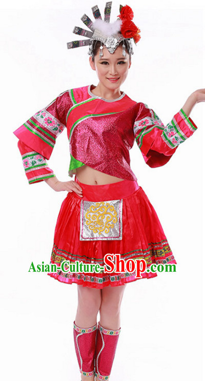 Ancient Chinese Folk Dance Costume and Hat for Ladies
