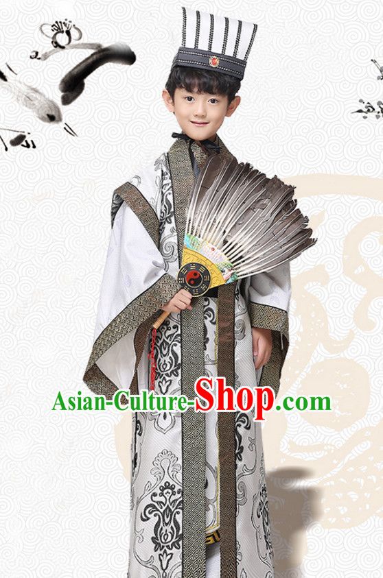 Asian Chinese Zhuge Liang Long Dresses Hanfu Costume Clothing Chinese Robe Chinese Kimono and Hat Complete Set for Boys