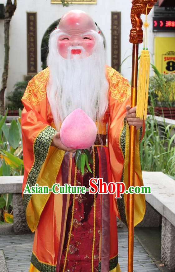 Asian Chinese Legend Shou Xing Longevity Long Dresses Hanfu Costume Clothing Chinese Robe Chinese Kimono and Hat Complete Set for Men